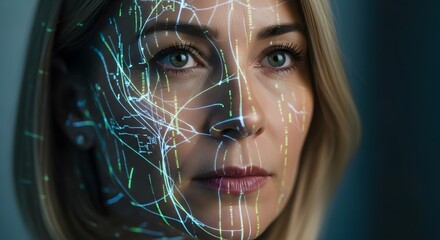 Intricate light patterns illuminate a womans face, revealing a futuristic and technological concept.