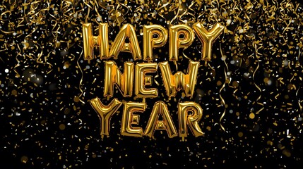 Golden Happy New Year balloons shimmer against a dark backdrop filled with festive confetti rain.