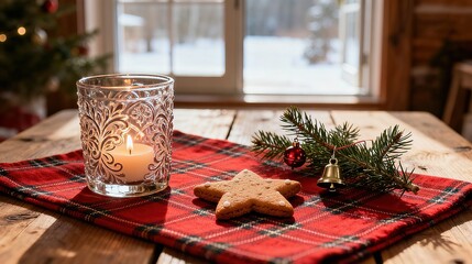 Christmas Table Setting Candle Pine Branch Cookie Festive Atmosphere Elements