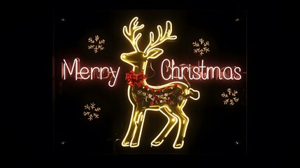 Festive Holiday Cheer A glowing neon sign displaying a reindeer and seasonal greeting for a joyful event.