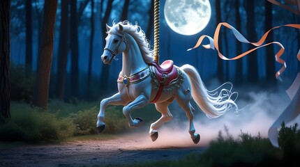 Enchanted carousel horse under a full moon in a mystical forest