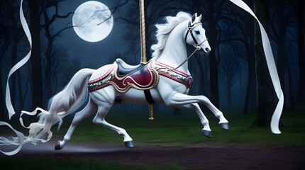 Ethereal white carousel horse galloping under a full moon in a dark forest