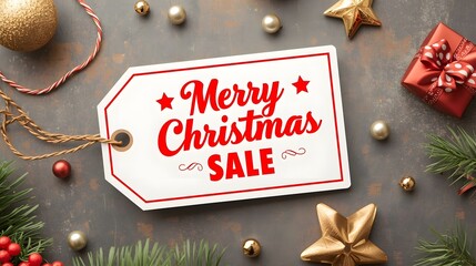 Festive decorations surround a tag declaring a cheerful, merry Christmas sale for the holiday season.