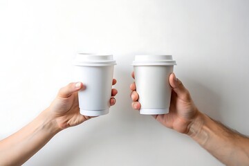 Two hands holding disposable coffee cups in a toasting gesture against a white background