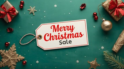 Festive Holiday Gifts and decorations arranged around a Merry Christmas Sale tag on green.