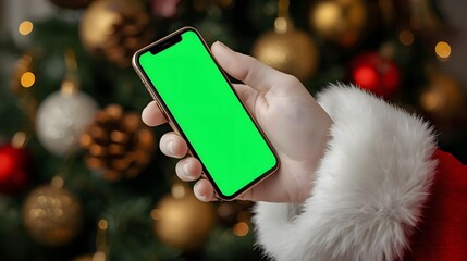 Santas got tech! Festive scene with a gold phone showing a green screen, holiday decorations abound.