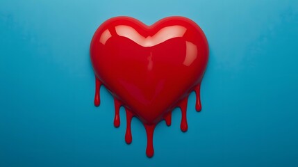 Vibrant red heart dripping against a serene blue backdrop, evoking passion and raw emotion, love.