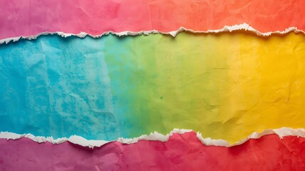 Vibrant hues blend in a dynamic burst of color, paper texture torn, showcasing rainbow shades beneath.