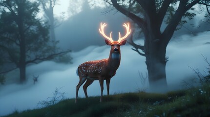 Majestic stag with fiery antlers standing in a misty enchanted forest