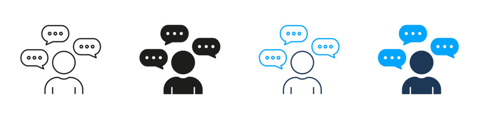 User Chat Dialog Line And Solid Icon Set. Person With Speech Bubbles Symbol Collection For Communication, Messaging Interfaces, Online Conversation Tools. Isolated Vector Illustration