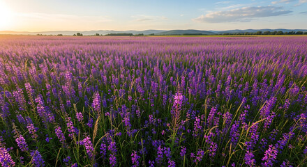 Naklejka premium Vibrant Purple Flower Field at Sunset with Rolling Hills in the Background