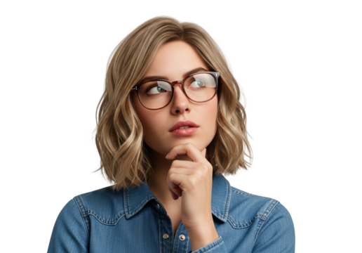 Pensive young woman in glasses looking up and thinking isolated on transparent background portrait of a thoughtful girl