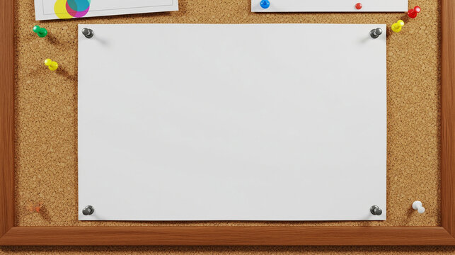 Blank white paper pinned to a cork board with colorful pushpins