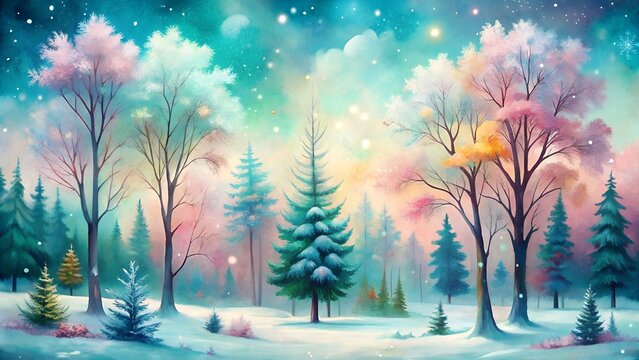 A serene winter landscape with pastel trees and snowcovered ground, creating a magical and whimsical atmosphere in the colorful forest scene