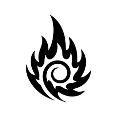 Stylized Black Flame Symbol with Central Spiral on White Background Vector