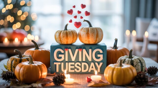 Giving tuesday still life with pumpkins and hearts for social media post