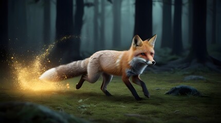 Mystical fox with glowing tail wanders through a dark enchanted forest