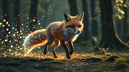 Majestic red fox running through a sunlit forest with sparkling light