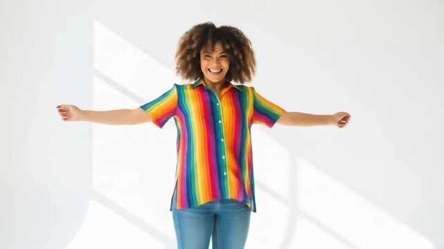 Joyful Woman Dancing Freely in Bright Sunlit Room Wearing Colorful Rainbow Shirt