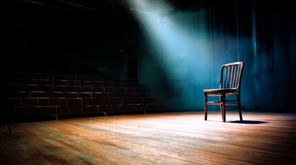 actor. An empty theater stage with a single wooden chair under a solitary spotlight. event programs, museum guides, designed for cultural heritage projects and event programs, preserves heritage.
