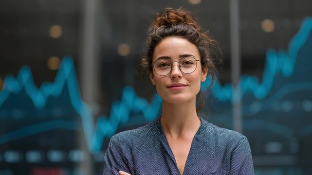 Confident Financial Analyst: A sharp and composed female financial analyst stands with folded arms against a backdrop of economic graphs.