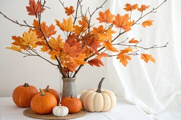 Autumn branches with orange leaves in vase and pumpkins on white background
