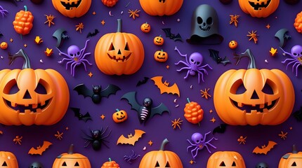 Spooky halloween pattern with pumpkins spiders bats and ghosts on purple background