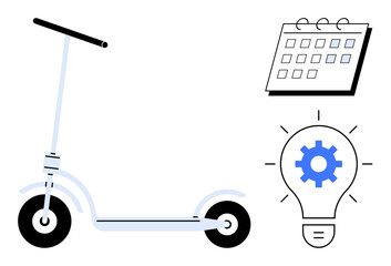 Minimalist electric scooter alongside a calendar and light bulb with gear, symbolizing sustainable transport, creative solutions, and effective time management. Ideal for eco-friendly innovation