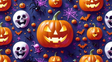 Spooky halloween decorations with jack o lanterns ghosts bats and spiders