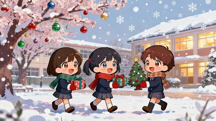 Christmas Campus Snow Scene Children Walking Together Festive Scene Elements