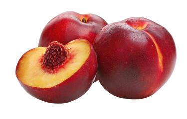 Red plums, one halved, displayed