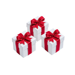 Obraz premium Three Elegant White Gift Boxes with Red Ribbons Over a Clean Background for Celebrations and Special Occasions