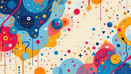 The image is an abstract digital art piece featuring a vibrant and colorful pattern that resembles a chaotic collection of shapes and colors