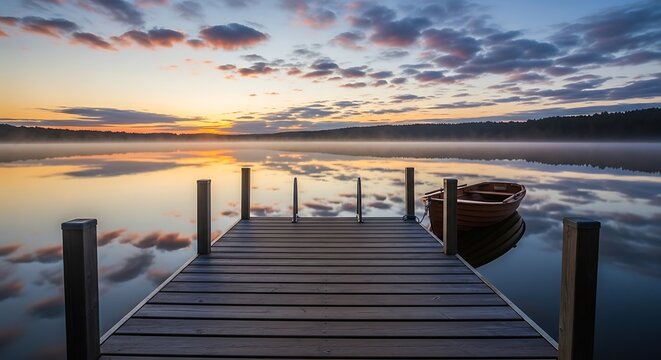A wooden pier extends into a calm, misty lake at sunrise, with a small rowboat tied to the side and the colorful, cloudy sky perfectly reflecting on the water. - Powered by Adobe