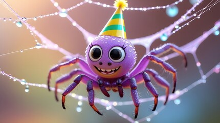 Cute purple spider wearing a party hat on a dewy spiderweb