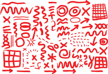 A large set of hand-drawn red marker doodles featuring various arrows shapes symbols and lines perfect for emphasis and annotation 