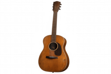 Vintage acoustic guitar with visible wear and sound hole, representing country music and a long history of playing on a transparent background