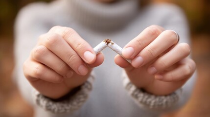 Hands holding a cigarette, concept of health and prevention,copy space,world no tobacco day.