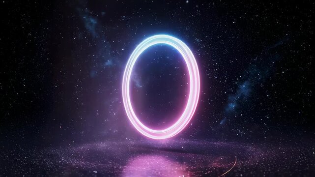 A cosmic scene showcasing a glowing, ring-shaped portal against a starry night sky background
