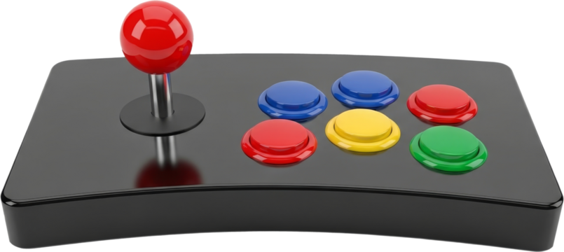 retro arcade cabinet buttons and joystick, colorful game controls, transparent background