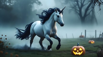 Mystical unicorn gallops through a foggy halloween night with jack o lanterns