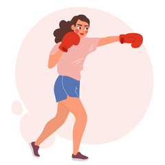 Vector illustration of a young woman boxing. Female athlete wearing red gloves and sportswear throwing a punch. Fitness, training, sport activity, self-defense concept
