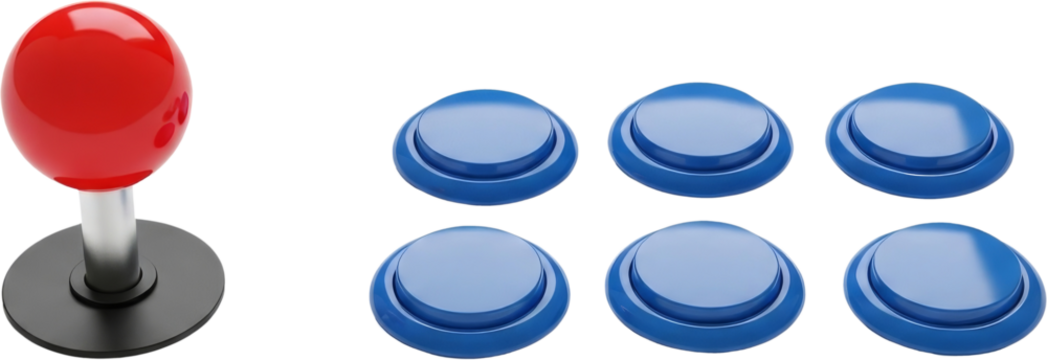 retro arcade cabinet buttons and joystick, colorful game controls, transparent background