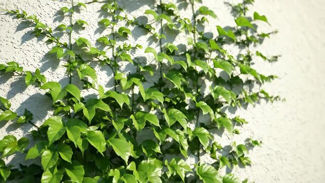 Organic green vine plants gracefully ascend a vertical surface, creating an evolving natural grid pattern in a detailed timelapse garden, foliage, grid