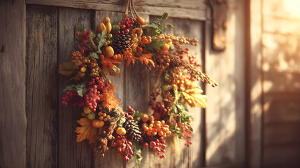 Autumn wreath decorating wooden door for fall season