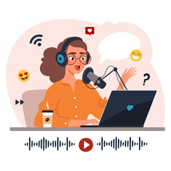 Young female blogger or online content creator recording a podcast. Audio streaming and digital broadcasting concept. Flat vector illustration