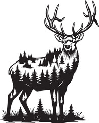 Majestic stag silhouette merging forest landscape majestic antlers wildlife nature art symbolism