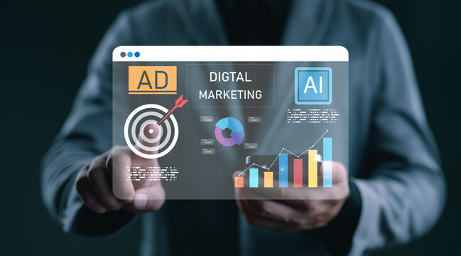 Businessman using AI technology and analytics for digital marketing strategy via virtual dashboard. Concept of online advertising, data-driven marketing, SEO, and artificial intelligence in business.