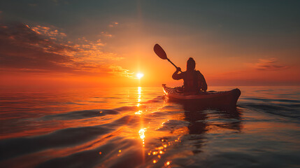 Person kayaking on calm water at sunset