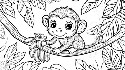 Fototapeta premium A small monkey sits on a branch, surrounded by lush jungle foliage. It holds a bunch of fruit. Detailed line art